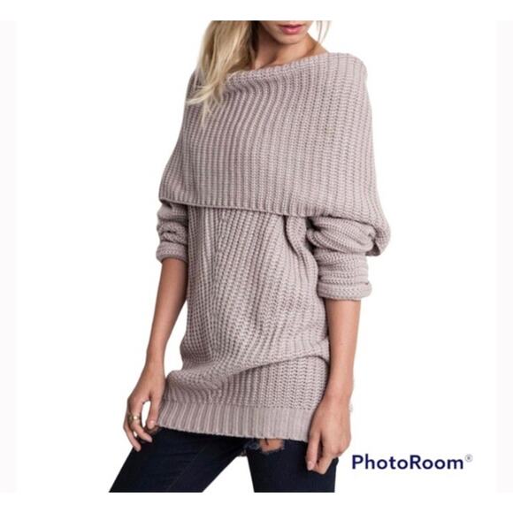 Umgee Women’s Taupe Chunky Thick Foldover Off the Shoulder Knit Sweater Sz Small - Picture 2 of 6